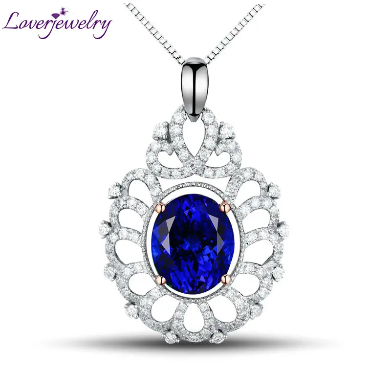 

New Amazing Oval 9x11mm Blue Tanzanite Pendant With Diamonds In 14K Two Tone Gold Gem Fine Jewelry for Women WP049