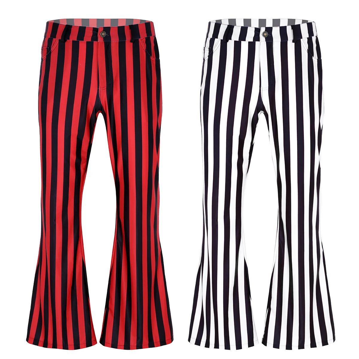 Adult Men Vintage Striped Long Pants Male Retro Mid Waist Elastic Flares Trousers Homme Party Stage Dance Costume Club Clothing