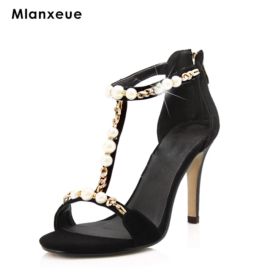 

MLANXEUE Women Bead Pumps Metal Chain Fish Head High-heeled Shoes Fine Ladies High Heels Shoes Party Sandalias