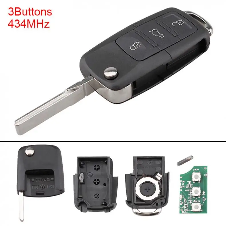 

434MHz 3 Buttons Keyless Uncut Flip Car Remote Key Fob with ID48 Chip 1J0959753DA for Passat/Bora/Polo/Golf/Beetle 2001-2010