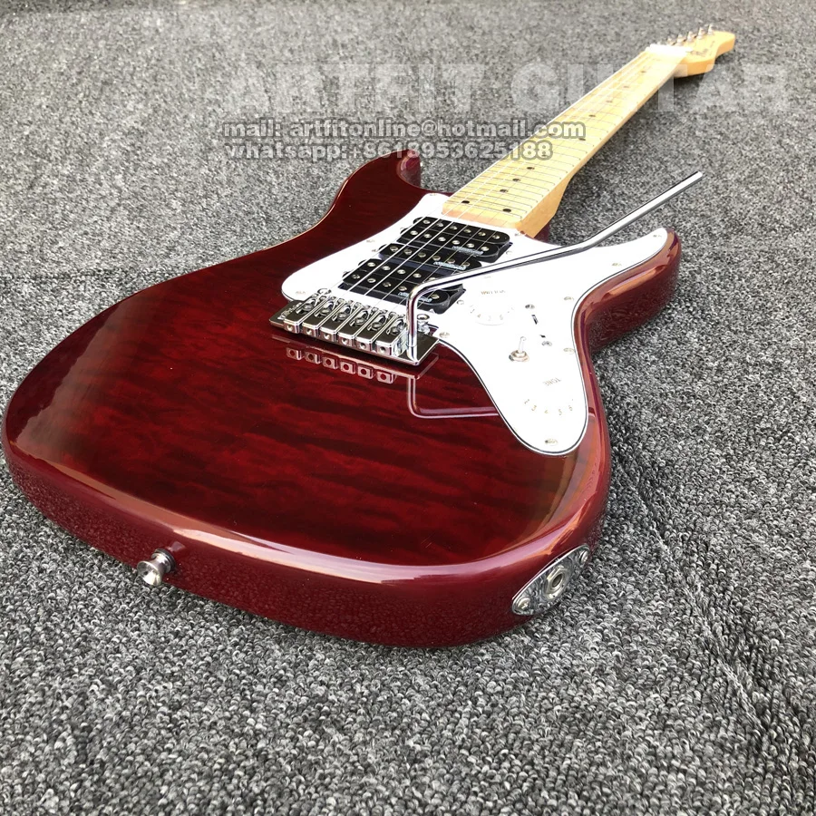 Wine Red Quilted Maple Top Wilkinson Pickups Tremolo Bridge Coil Split M6 Locking Tuners 6 String Clean Sound Stratocaster Electric Guitar (9)