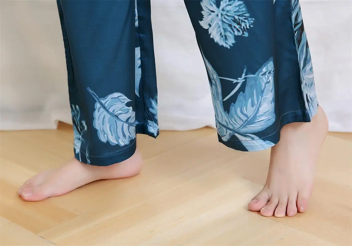 Летние женские шелк льда ночная рубашка корейские женские длинные рукава шелковые пижамы в виде кленового листа Весна-осень loungewear