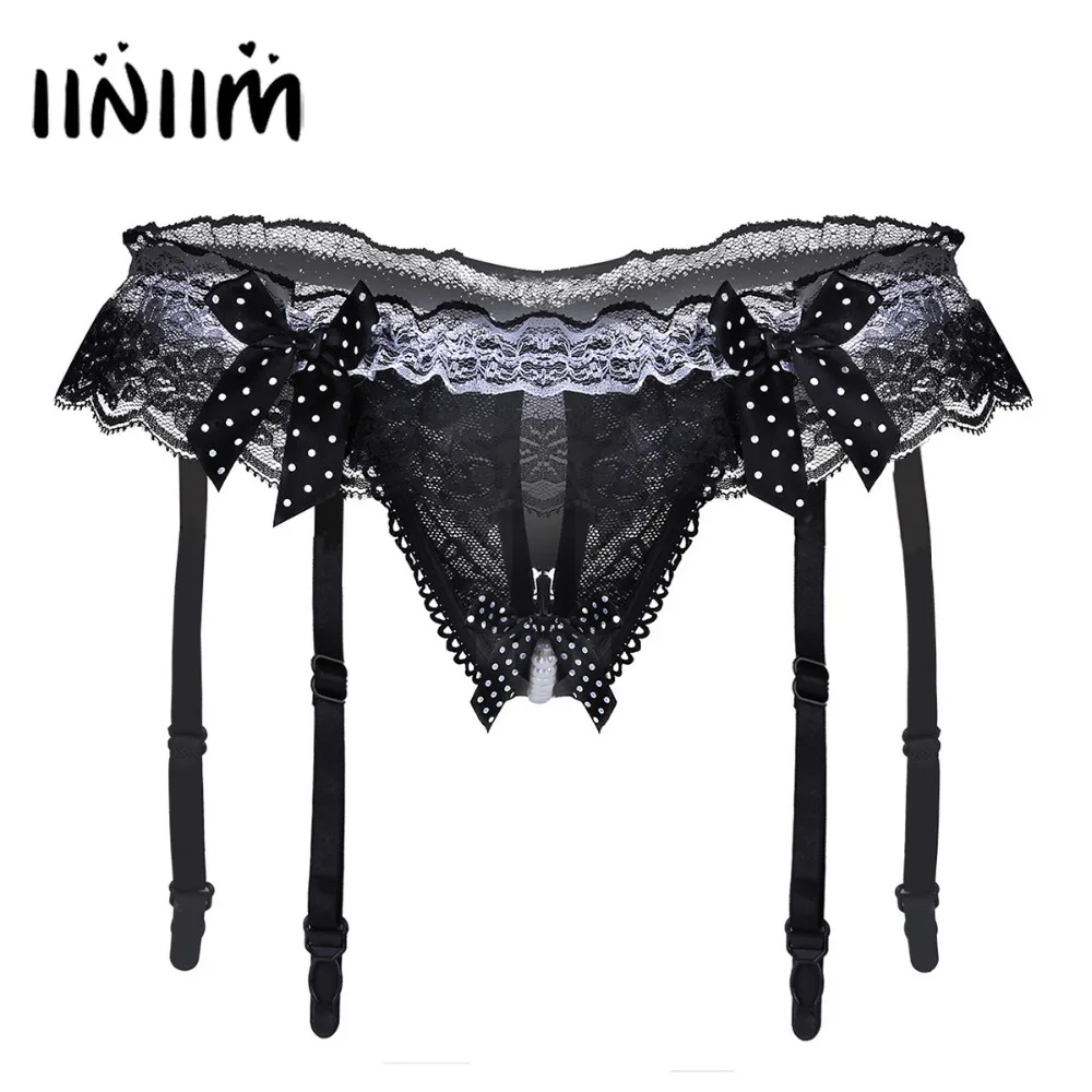 

iiniim Women Lingerie Crotchless Open Back Ruffle Lace Bowknot Low Rise G-string Underwear Underpants with Garters Sexy Panties