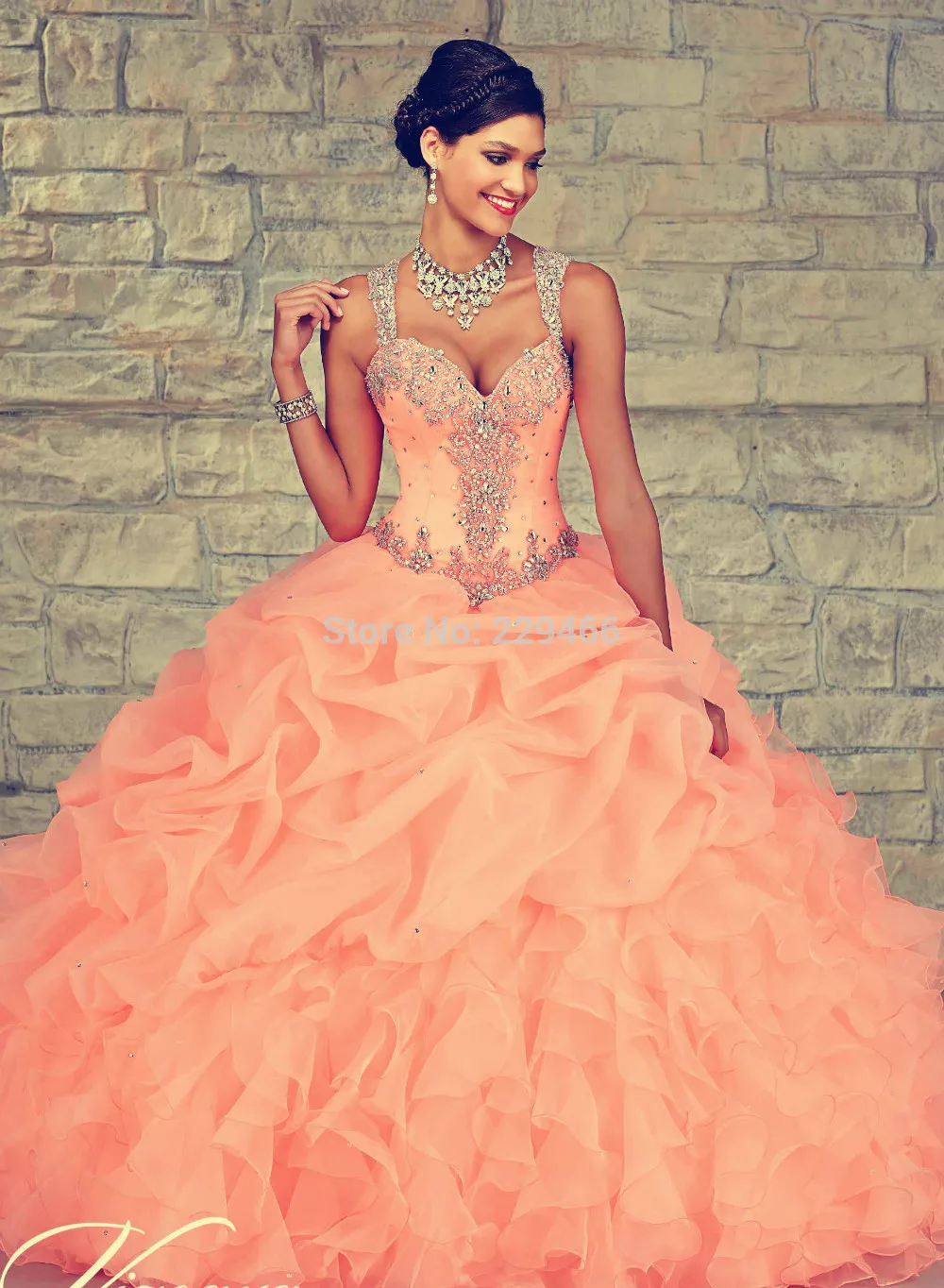 Buy Sparkly Beading Peach Cap Sleeve See Through Back