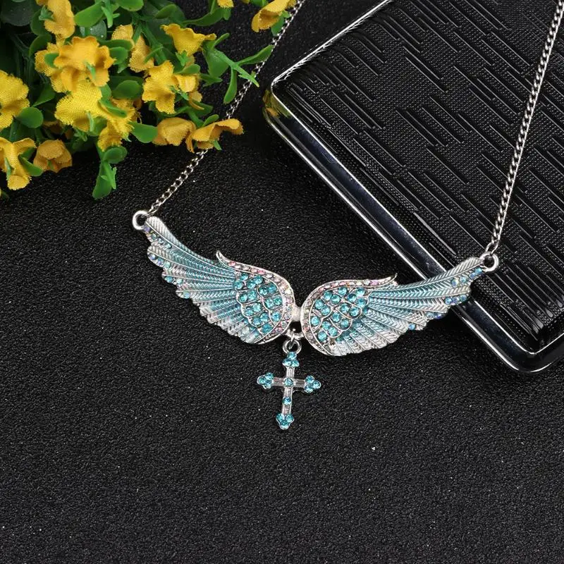 

Wing Cross Choker Necklace Guardian Women Biker Crystal Jewelry Gifts Girl Silver Color Dropshipping