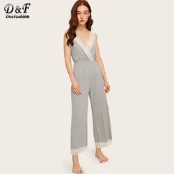 Dotfashion серый цветочный кружевной комбинезон с v-образным вырезом пижамы женские 2019 Весна Лето Повседневные пижамы женские сексуальные Loungewear