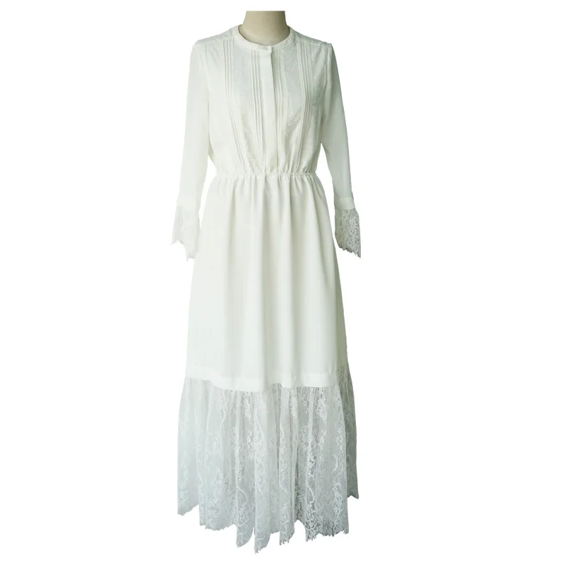 Европейское дизайнерское подиумное платье женское высококачественное элегантное белое кружевное Плиссированное длинное платье с длинным рукавом Повседневное платье