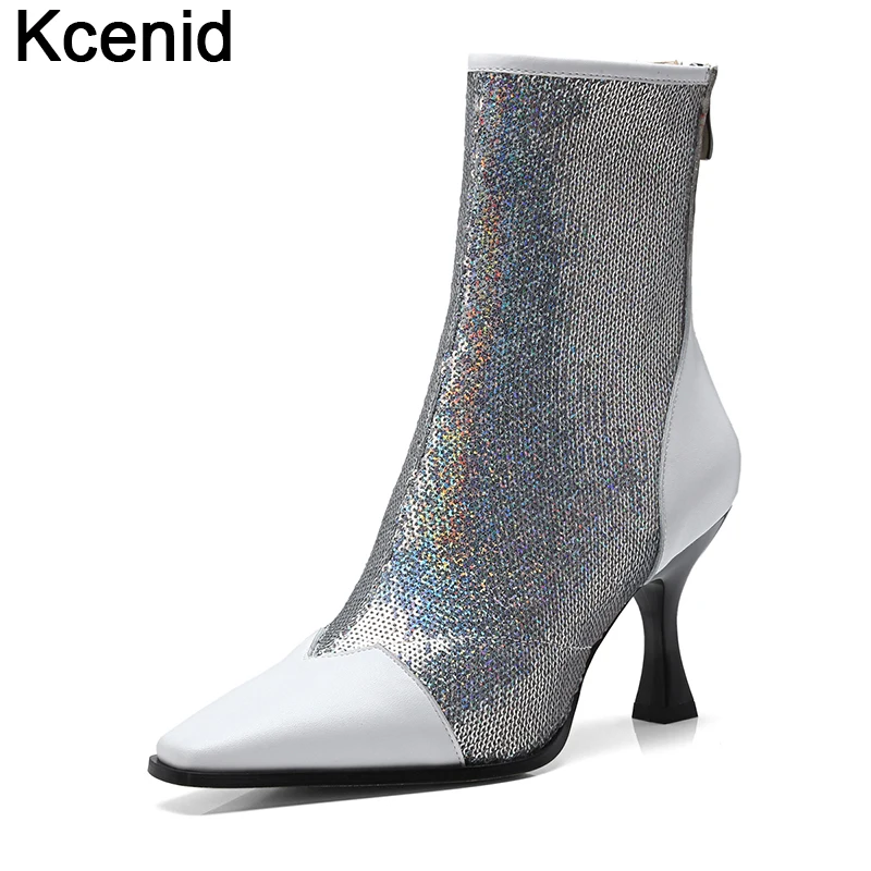 

Kcenid Autumn newest fashion bling ladies genuine leather boots sexy high heels pointed toe shoes woman zipper dress ankle boots