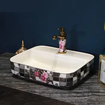 

Jingdezhen Basin Washbasin Bathroom Ceramic Basin Household Basin Rectangular Art ceramic Wash Basin bathroom sink