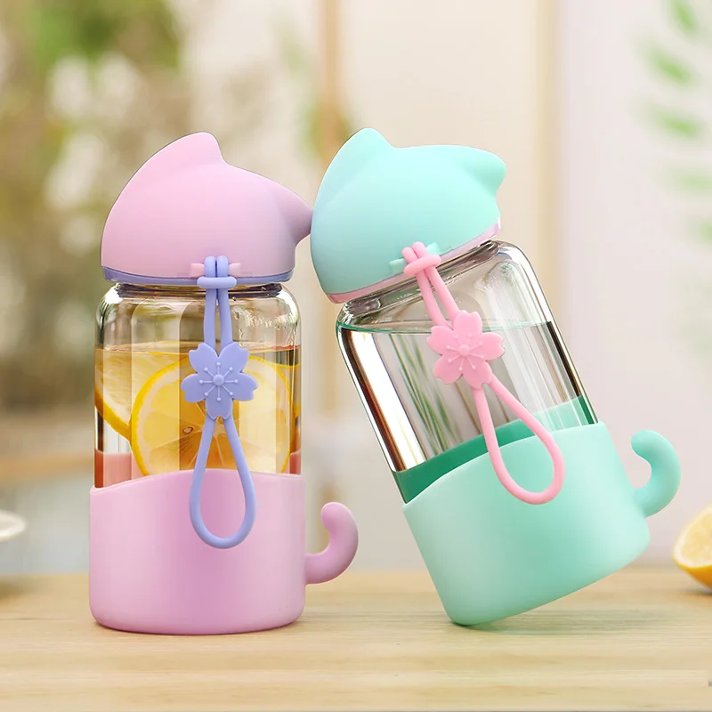 Buy X&W 340ML Glass Water Bottle Cute Cat Leakproof