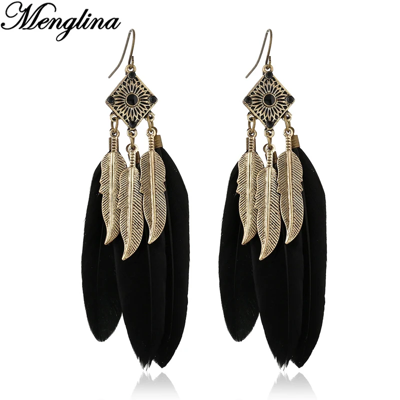 Fashion Bohemian Vintage Metal Leaves Earrings for Women Black Feather Earrings Boucle d oreille Femme Pendante