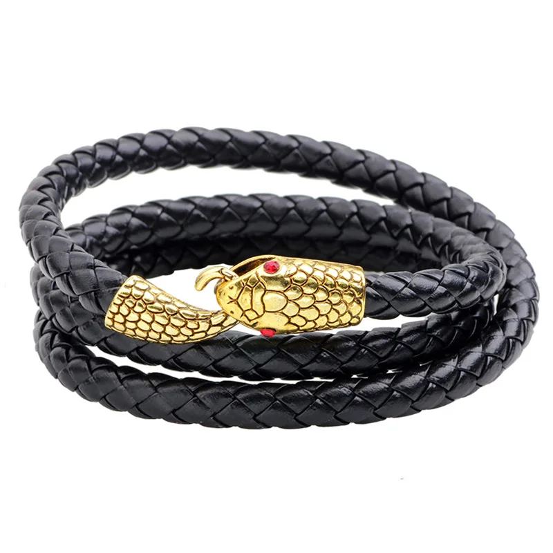 

Latest Popular 3Laps Leather Bracelet Men Charm Vintage Black Bracelet Gold Silver Snake Head 3 Colors Choose Boyfriend Gift