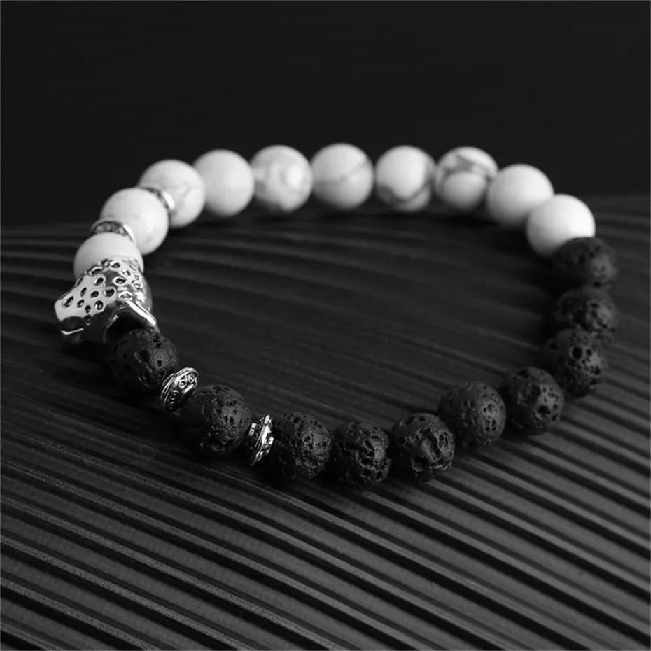 Antique Natural Stone Leopard Head Beaded Bracelet Beads Black Gray Lava Rock Stone Men Women Boy Gifts Couple Bracelets (21)