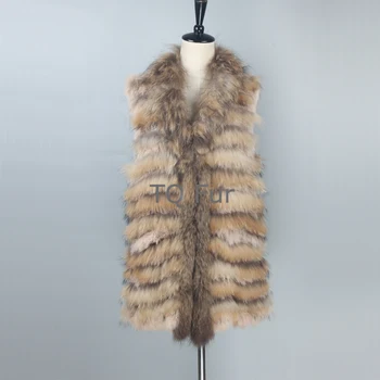 

New Real Knit Rabbit Fur Waistcoat Raccoon Fur Collar With Pocket Gilet Jacket