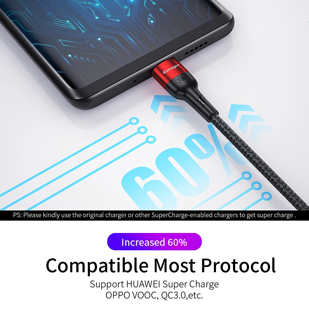Usb кабель Essager 5A Type C для Huawei Mate 20 P30 P20 P10 P9 Pro OPPO R9 R7 R5 USBC быстрой зарядки 4 0 с