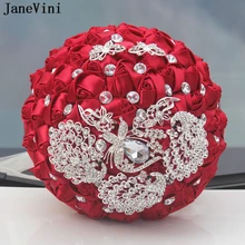 JaneVini романтические Красные атласные розы Свадебные цветы Свадебные букеты бисером лента ручка Свадебные аксессуары Blumenstrauss