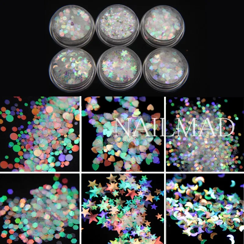 6 баночек AB Блестки для ногтей смешанной формы Блестки Русалка голографические блестки полировка блестки хлопья ломтик украшения Советы