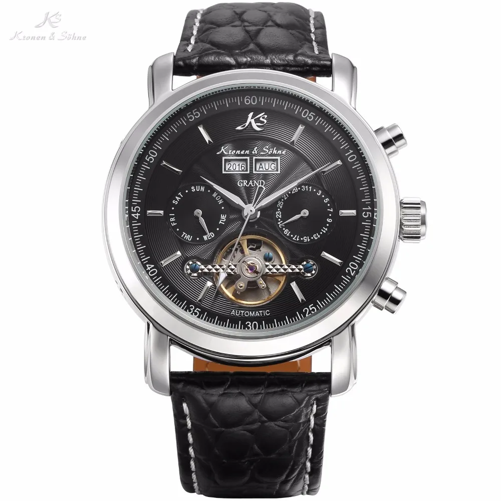 Kronen Sohne Grand Series Automatic Mechanical Wrist Watch Black Date Stainless Steel Men Leather Strap Wrist Watch/KS367