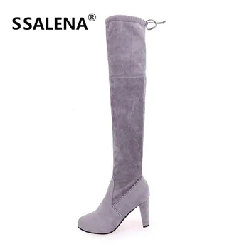 

Women Faux Suede Thigh High Boots Over The Knee Boots Ladies Stretch Sexy High Heels Slim Boots Ladies Square Heels Shoes B2681