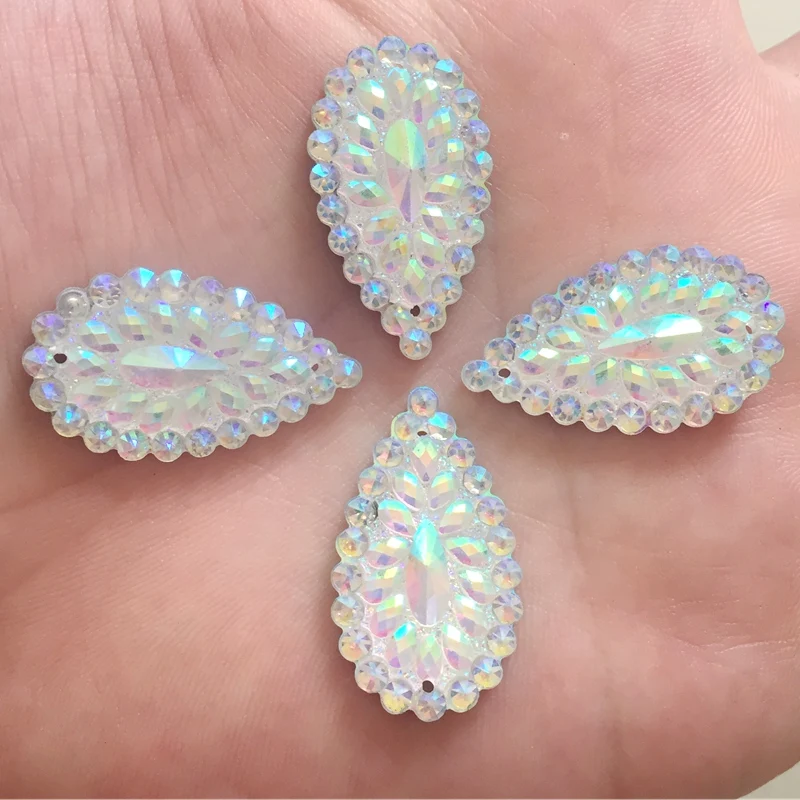 

16*28mm Resin Sew On Rhinestone For Native Bead Work Water drop Crystal AB Fish Scale Resin Gems Cabochon 2 Holes 30pcs