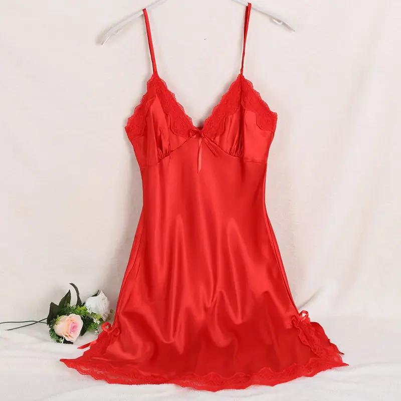 Женская сексуальная шелковая ночная рубашка, атласная ночная рубашка с v-образным вырезом, летние ночные рубашки, кружевное ночное белье для женщин - Цвет: Red