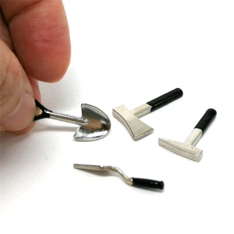 4pcs/set 1:12 Mini Axe Shovel Hammer Dollhouse Miniature Furniture Toys DIY Builders Toys Doll Accessories Kids Hand Tool Toys