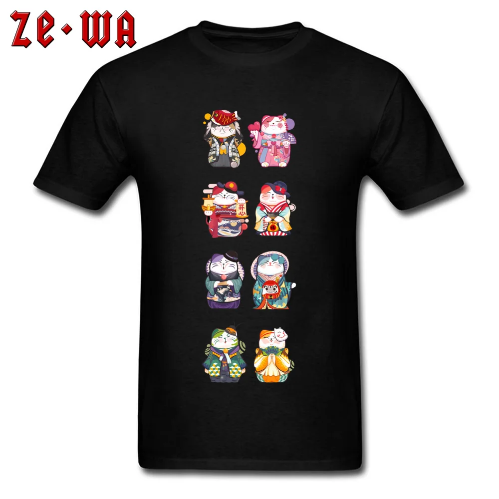 cat maneki neko cartoon Tops Shirt Fashionable Round Neck Street Short Sleeve 100% Cotton Men Tshirts comfortable T Shirts cat maneki neko cartoon black