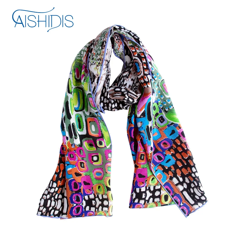 

Aishidis New Coming Style Fashion Girls' Scarf Pure Silk Long Collar Shawl Wrap Vibrant Pattern Print Handmade Cloth Accessories