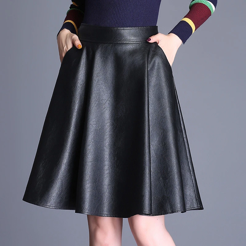 Faldas pequeñas de placer moda Otoño Invierno nueva falda de bolsillo negro falda femenina de cintura alta una palabra PU falda cuero al por mayor 33152|small skirt|pocket skirtleather skirt -
