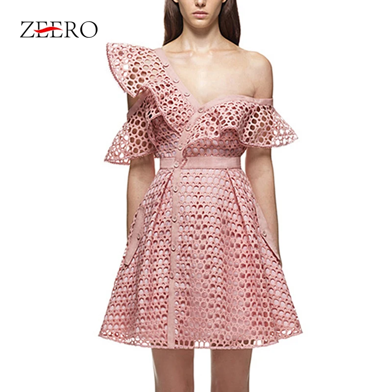 

2019 Self Portrait Luxury Runway Dress New Arrival Asymmettical Neck One-Shoulder Lace Hollow Out Patchwork Pink Runway Dress
