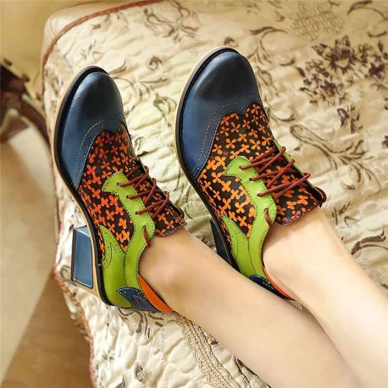 Женские туфли-оксфорды из натуральной кожи; винтажные женские туфли-оксфорды на шнуровке; весенние туфли; зеленый/синий/коричневый