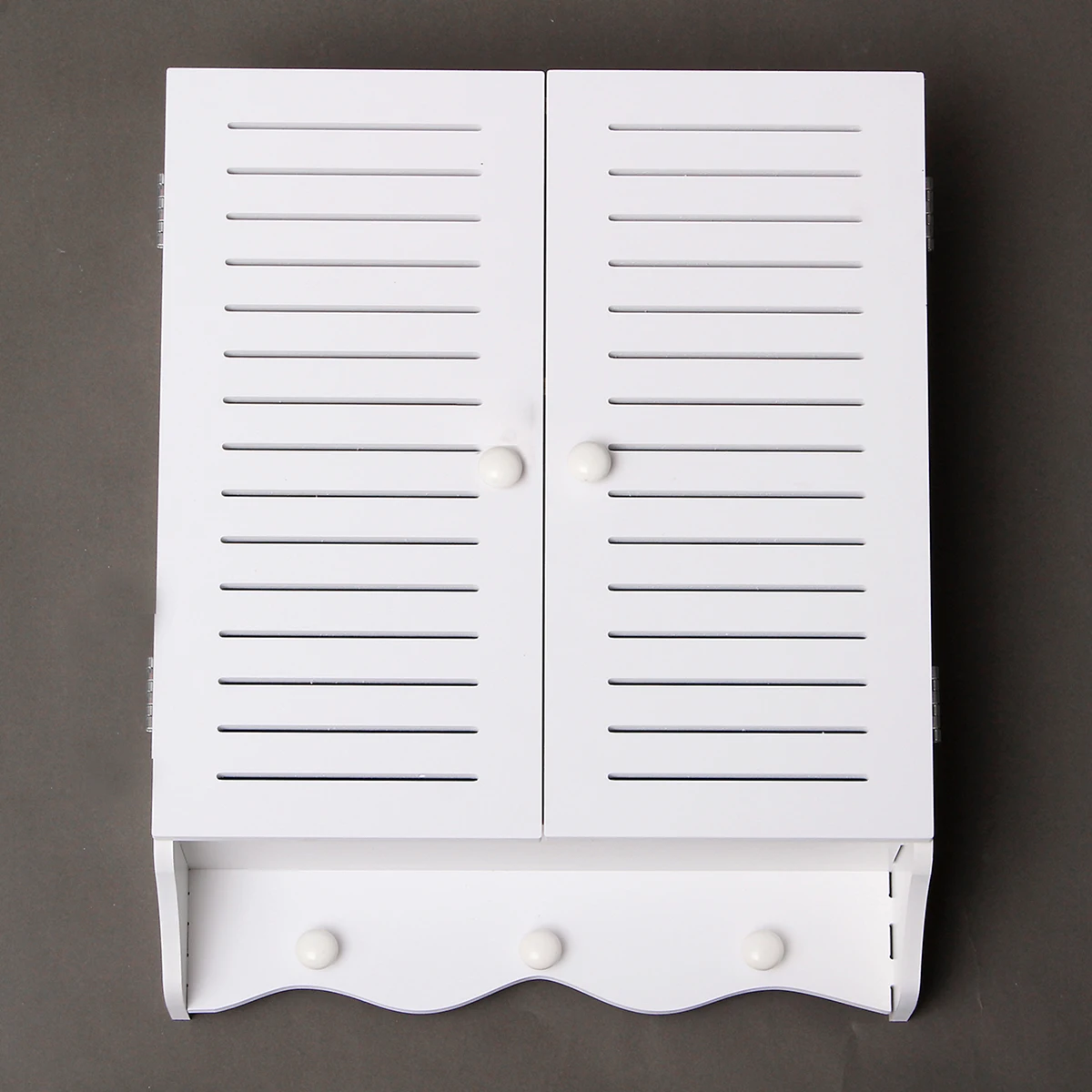 

White Bathroom Cabinet Wall Mounted Double Shutter Door Storage Cupboard With Hooks Wood Plastic Plate Organised 40x50x16cm