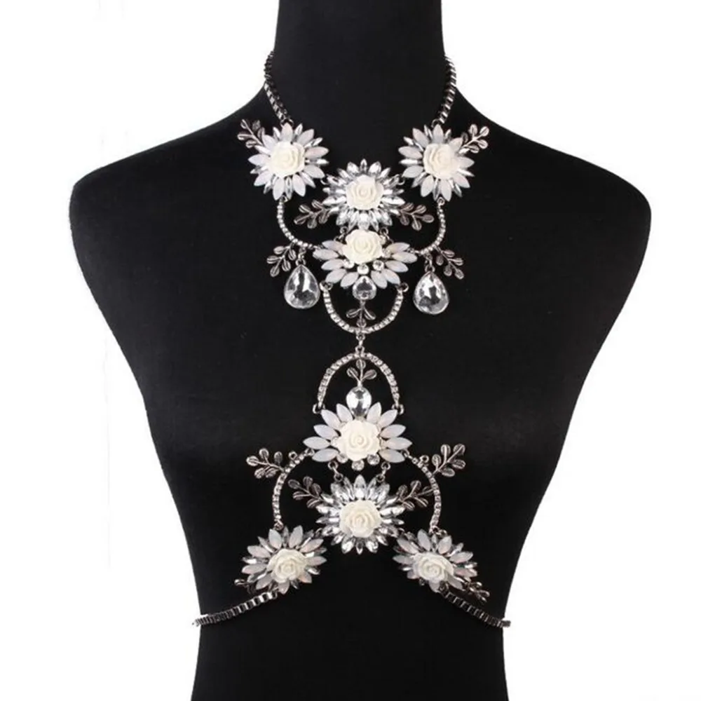 High Quality Rhinestone Crystal Flower Dip Tassel Charms Choker Necklace Bib Statement Body Waist Chain Jewelry Accessory