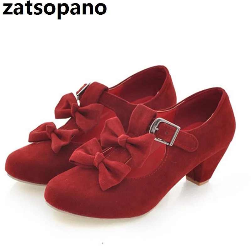 

Zatsopano Pumps Women Mary Jane Shoes Lolita Bow T-Strap Shoes 4cm Med Heel Ladies Party Pumps Thick Heels Red Large Size 34-43