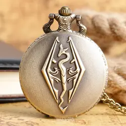 Винтаж кварцевые карманные часы Бронзовый The Elder Scrolls V Skyrim узор Брелок часы с Цепочки и ожерелья Для мужчин Для женщин подарок 2017