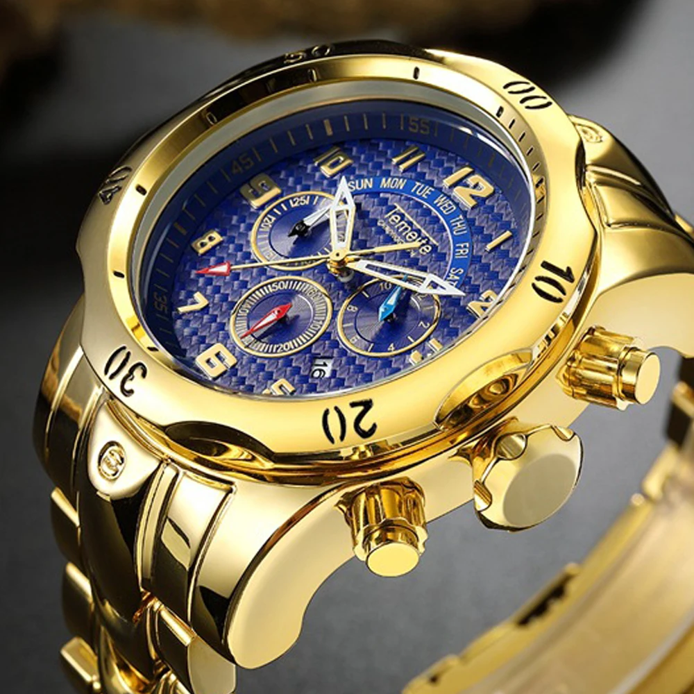 

Men's Watches Temeite Top Brand Luxury Design Golden Quartz Watch Men Sport Waterproof Male Wristwatch Relogio Dourado Masculino