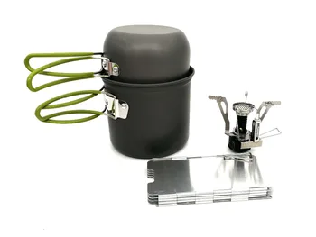 

Camping Hiking Backpacking Picnic Cookware Cooking Tool Set Pot Pan Outdoor Stove Cookware Set With Windshield