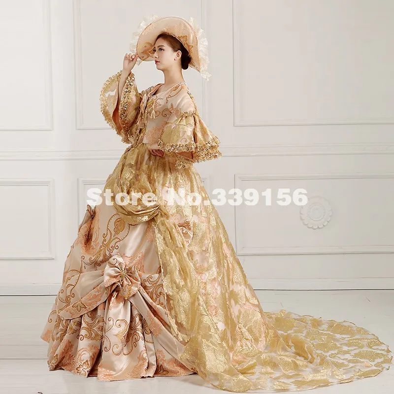 

High-end Gold Floral Printed 19th Century Queen Marie Antoinette Dress Rococo Renaissance Medieval Women Party Dress Gown