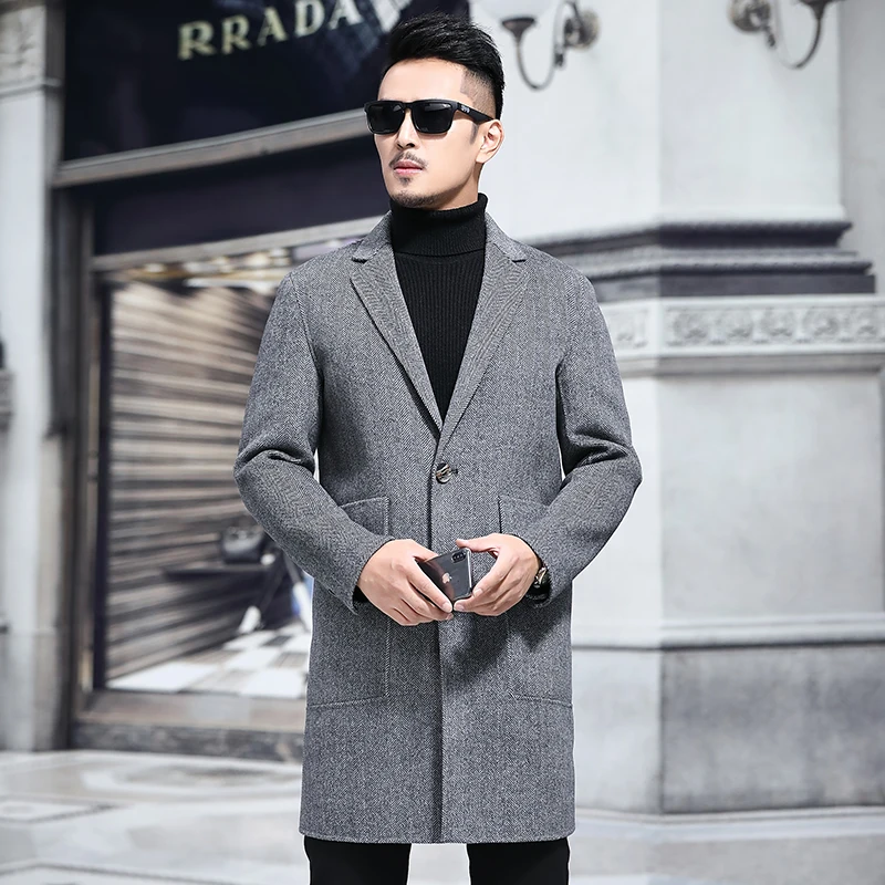 

High quality double-sided woolen overcoat 2018 autumn winter new high-end Korean version of slim herringbone woolen overcoat