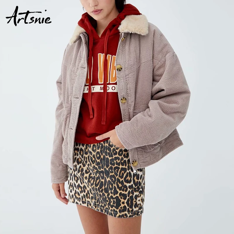 

Artsnie Winter Pink Casual Corduroy Thick Warm Parkas Women Turn Down Collar Faux Fur Autumn 2018 Coats Pockets Jackets Femme