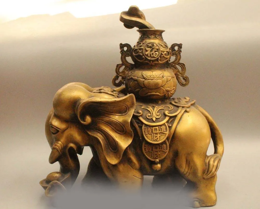

15" Chinese Bronze Money Elephant Bottle Gourd Ru Yi treasure bowl Coin Statue DSD66