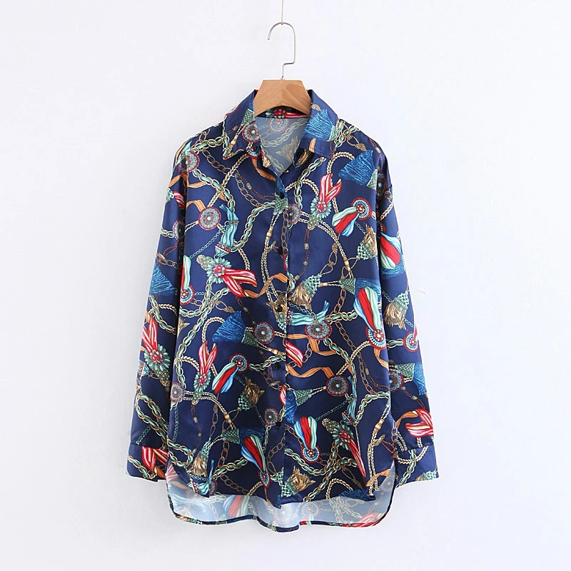 Новый Для женщин осень отложной воротник блузка с принтом с длинным рукавом плюс Размеры женские рубашки Цветочные Топы Blusa XL1579