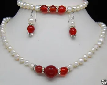 

Charming 7-8MM White Pearl Red Necklace bracelet earringst Set
