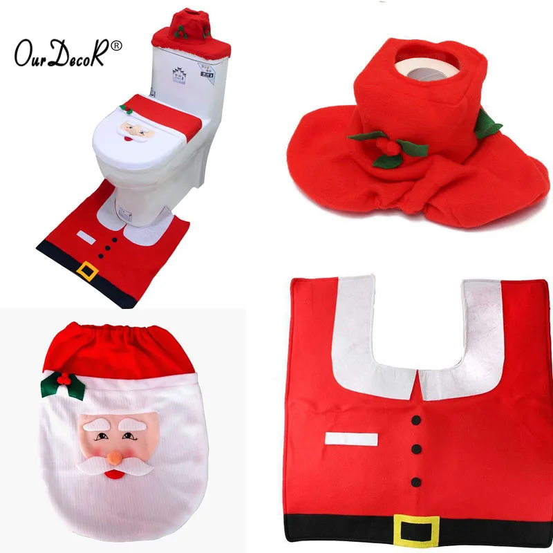 

OURDECOK Santa Claus Rug Toilet Seat Cover Bathroom Set Snowman Merry Christmas Decoration Fancy Navidad Decoration Supplies