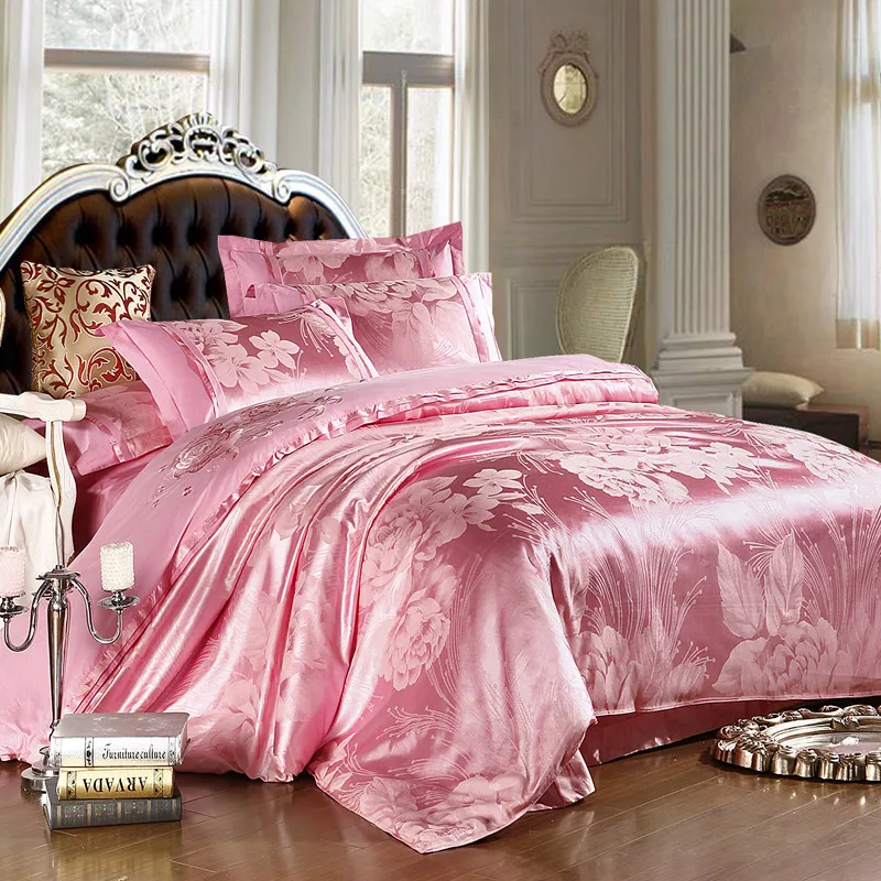Pink Silk luxurious bedclothes cotton bed sheets queen size bedspread