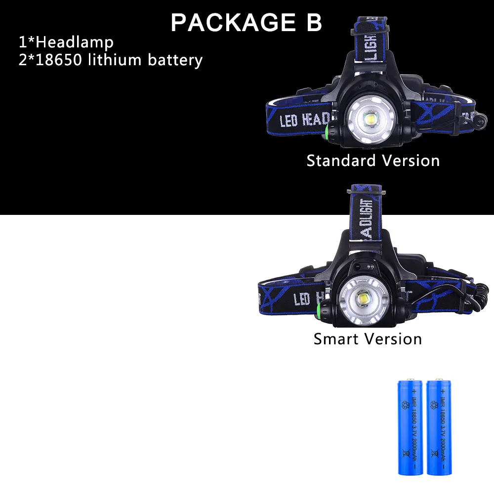 Умный ir sense светодиодный налобный фонарь T6 Zoom перезаряжаемый налобный фонарь для рыбалки на открытом воздухе водонепроницаемый налобный фонарь с 18650 батареей - Испускаемый цвет: Package B