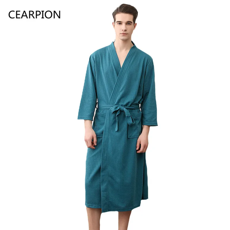 CEARPION Waffle Solid Color Men Summer Robe Casual Three Quarter Sleeve ...