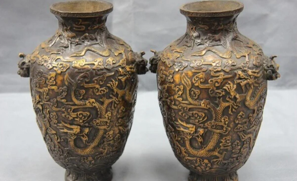 

S1306 Chinese Royal Copper Bronze Feng Shui Lucky Nine Fly Dragon Bottle Pot Vase Pair D0318