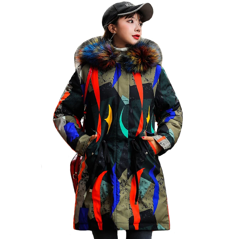 Новое поступление, женская зимняя куртка с капюшоном, с меховым воротником, с принтом, Женская парка, длинная, теплая, с хлопковой подкладкой, Женское пальто
