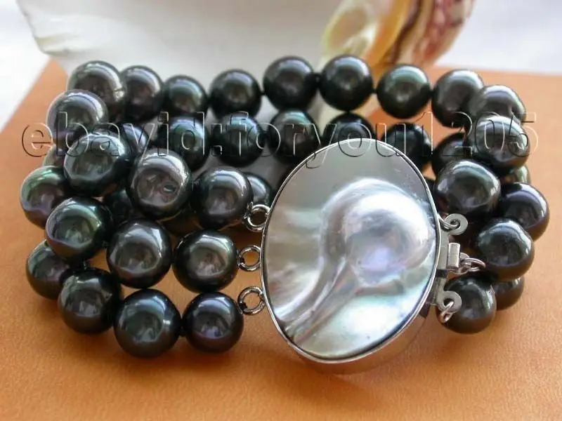 

8" 3rows Genuine Natural 12mm Black pearl Bracelet mabe pearl claspNoble style Natural Fine jewe Fast (D) SHIPPING